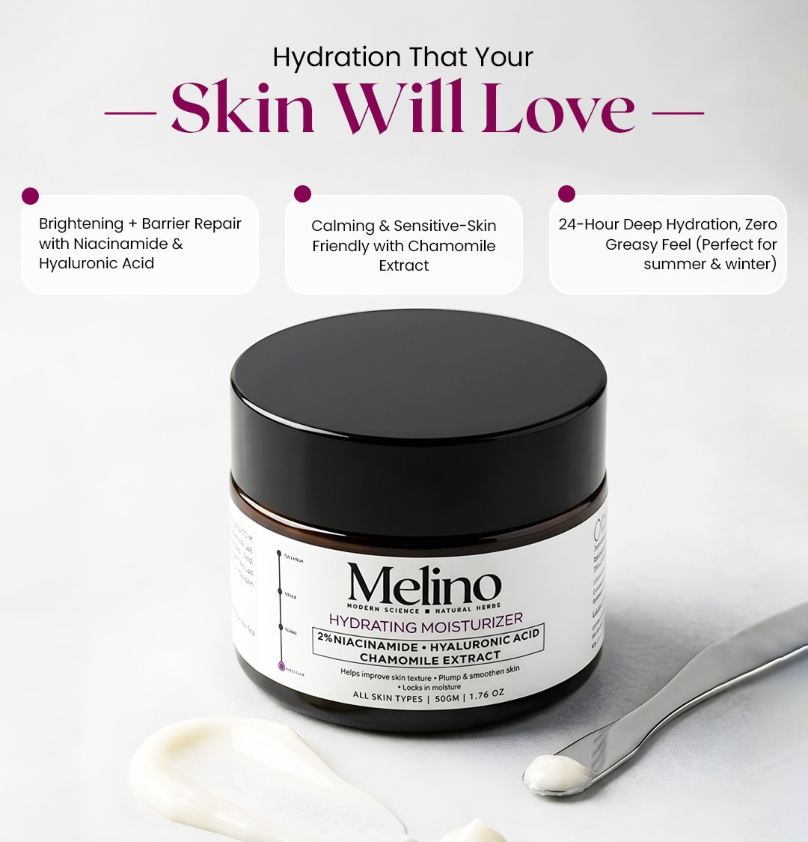 Melino 2% Niacinamide & Hyaluronic Acid Hydrating Moisturizer with Chronicle Extract